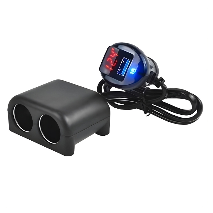 Разклонител за запалка с 2 гнезда, USB порт и волтметър — снимка 1